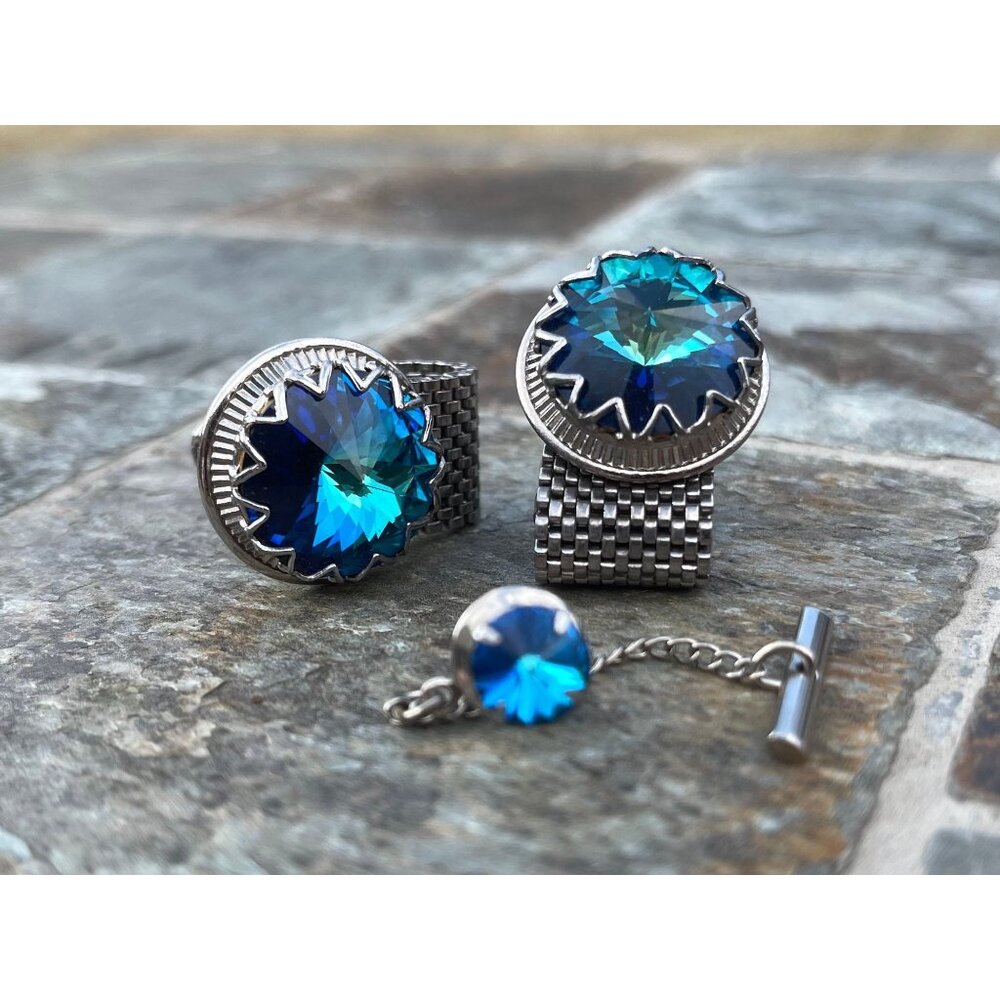 Vtg 1980's 3 Piece Silver Plated Desante Mesh Prong Set Blue Crystal Cufflinks